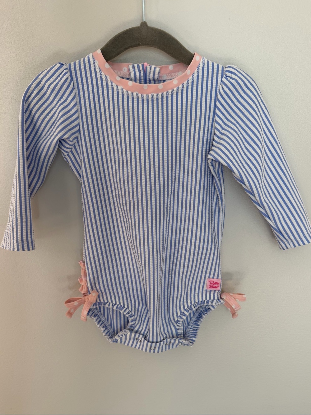 RuffleButts Seersucker Long Sleeve One Piece Swimsuit 12-18M Blue Pink